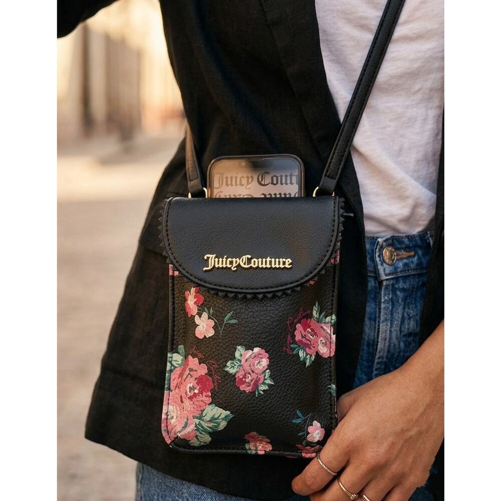 NWT Juicy Couture Mini Crossbody Bag Floral Black Vintage Rose Phone Purse
